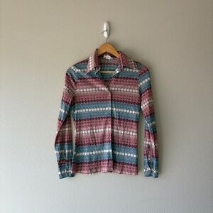 vintage 70s college town floral rose print button front long sleeve